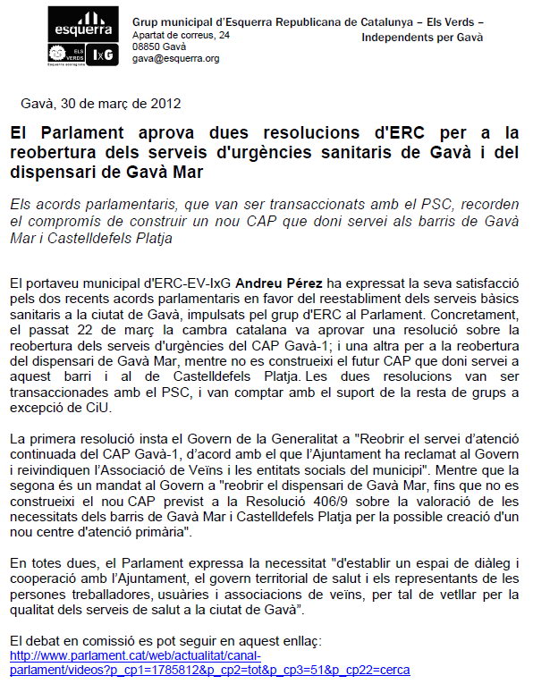 Nota de prensa de ERC de Gav informando de la aprobacin en el Parlamento de Catalunya de una resolucin para reabrir el dispensario mdico de Gav Mar (30 de Marzo de 2012)